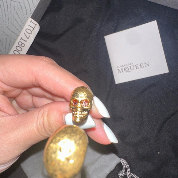 Alexander McQueen Twin Skull Cuff Bracelet – Gold w/ Red Crystals – New